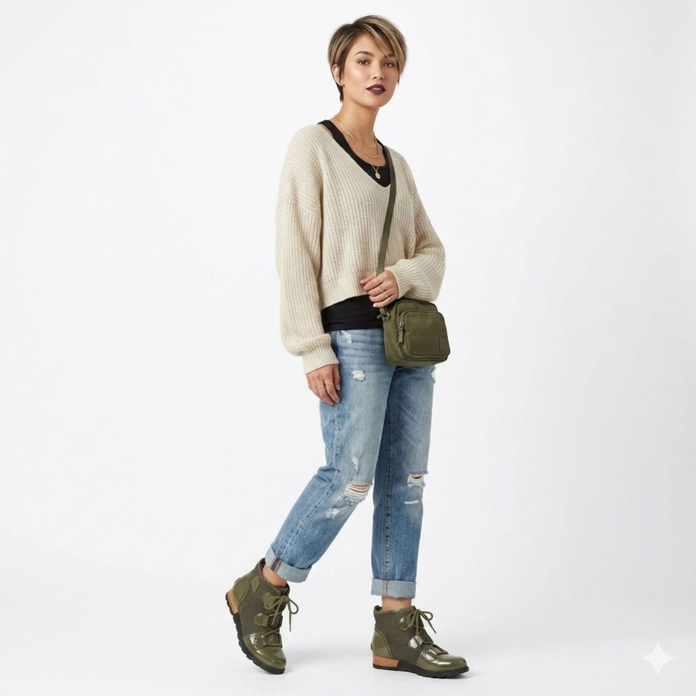 Sorel Lace Major Mesh & Green Patent Leather Booties 10 Military Combat Utility